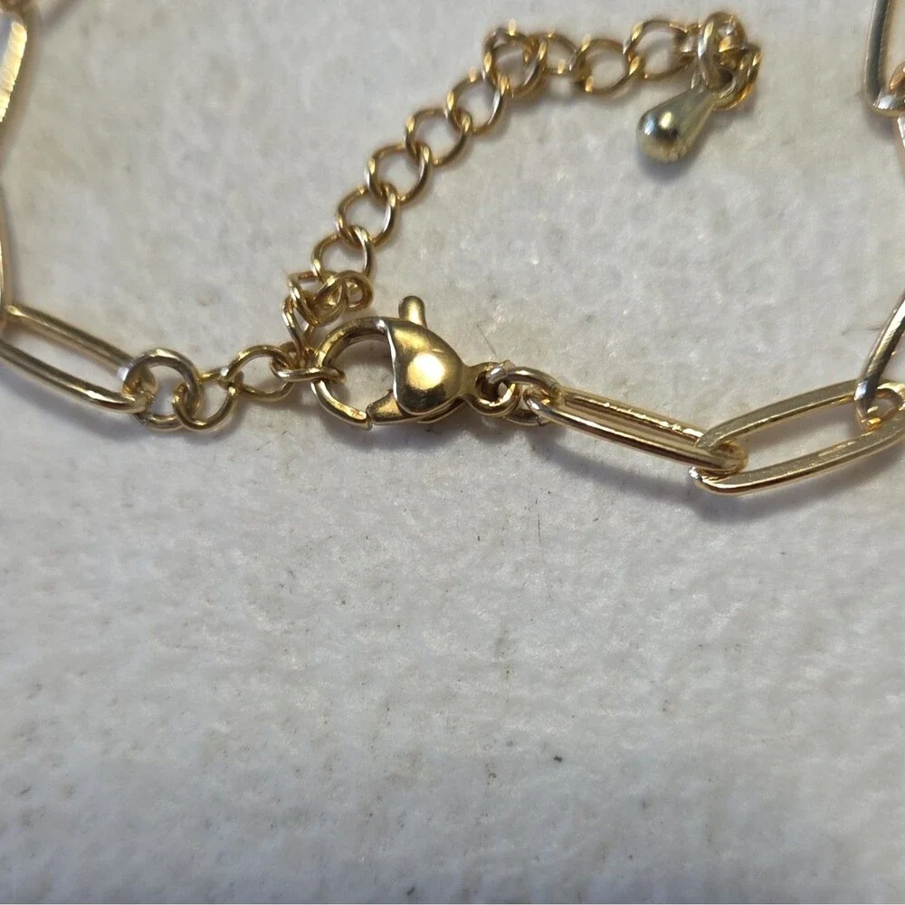 Gold Tone Paperclip Chain Evil Eye Hand Dangle Charm Bracelet, Lobster Clasp